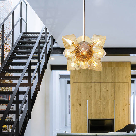 Stylish Farmhouse Diamond Chandelier: Amber/Clear Glass 9/12 Heads Copper/Gold Finish