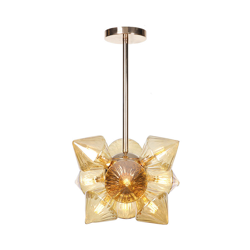 Stylish Farmhouse Chandelier Lamp: Diamond Amber/Clear Glass, 9/12 Heads, Copper/Gold Finish