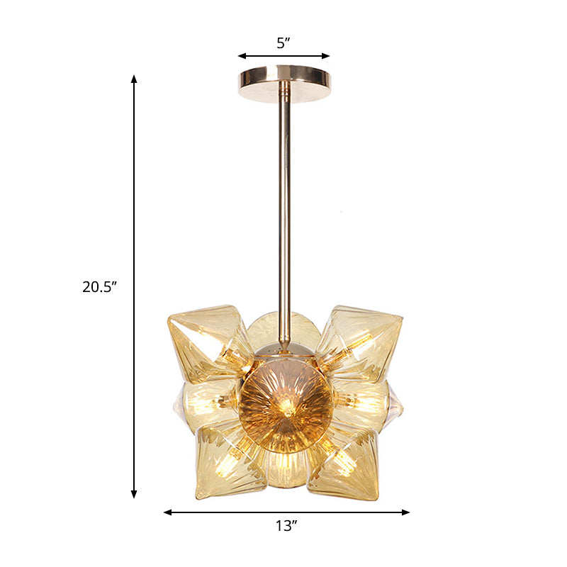 Stylish Farmhouse Chandelier Lamp: Diamond Amber/Clear Glass, 9/12 Heads, Copper/Gold Finish