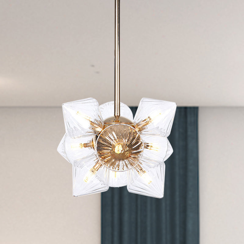 Stylish Farmhouse Chandelier Lamp: Diamond Amber/Clear Glass, 9/12 Heads, Copper/Gold Finish