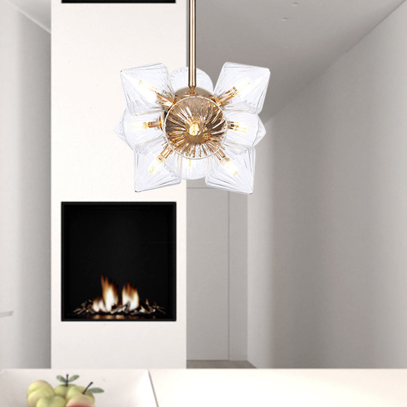 Stylish Farmhouse Chandelier Lamp: Diamond Amber/Clear Glass, 9/12 Heads, Copper/Gold Finish