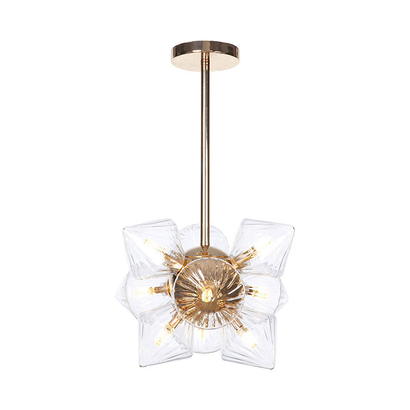 Stylish Farmhouse Chandelier Lamp: Diamond Amber/Clear Glass, 9/12 Heads, Copper/Gold Finish