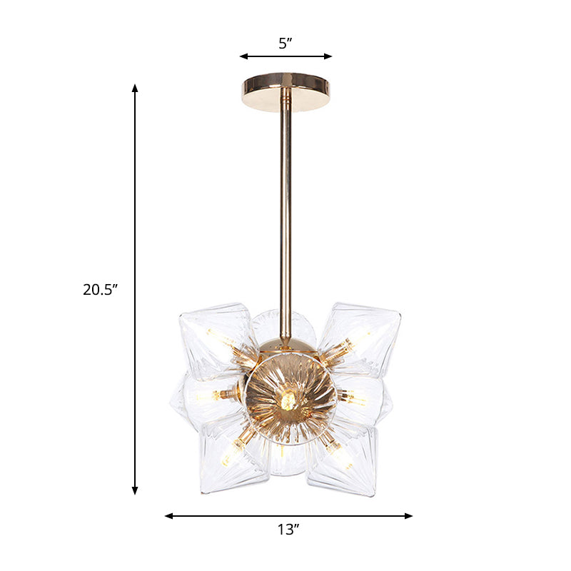 Stylish Farmhouse Chandelier Lamp: Diamond Amber/Clear Glass, 9/12 Heads, Copper/Gold Finish