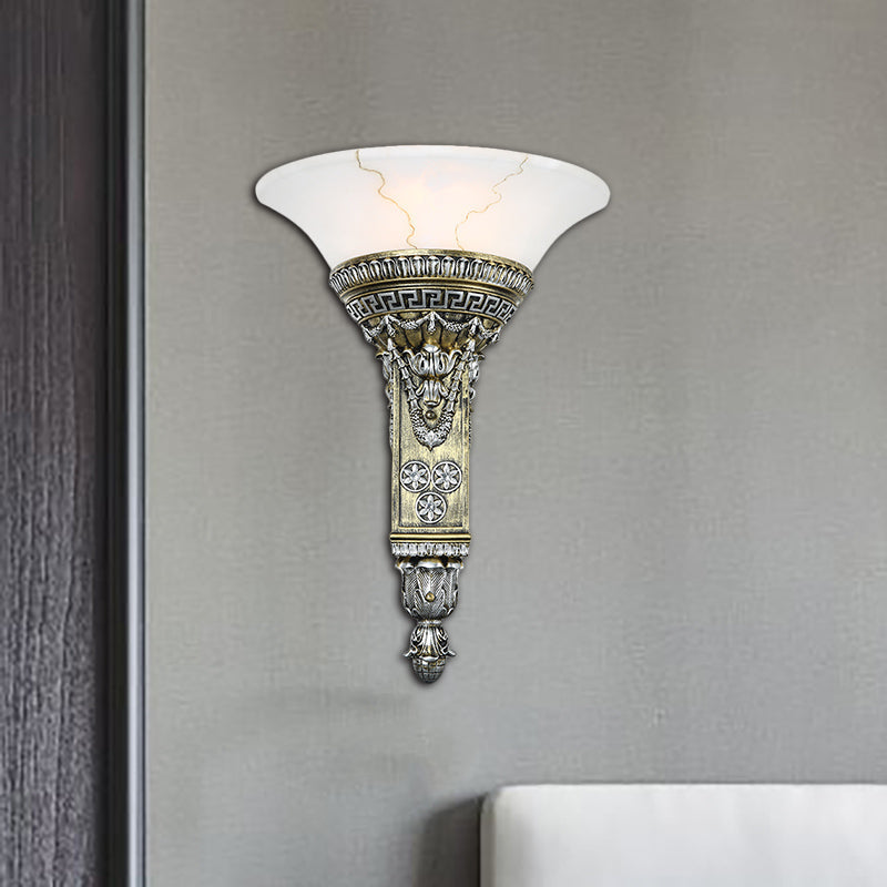 Modern Aged Silver Wall Sconce With Flared White Glass - Perfect For Living Room Lighting