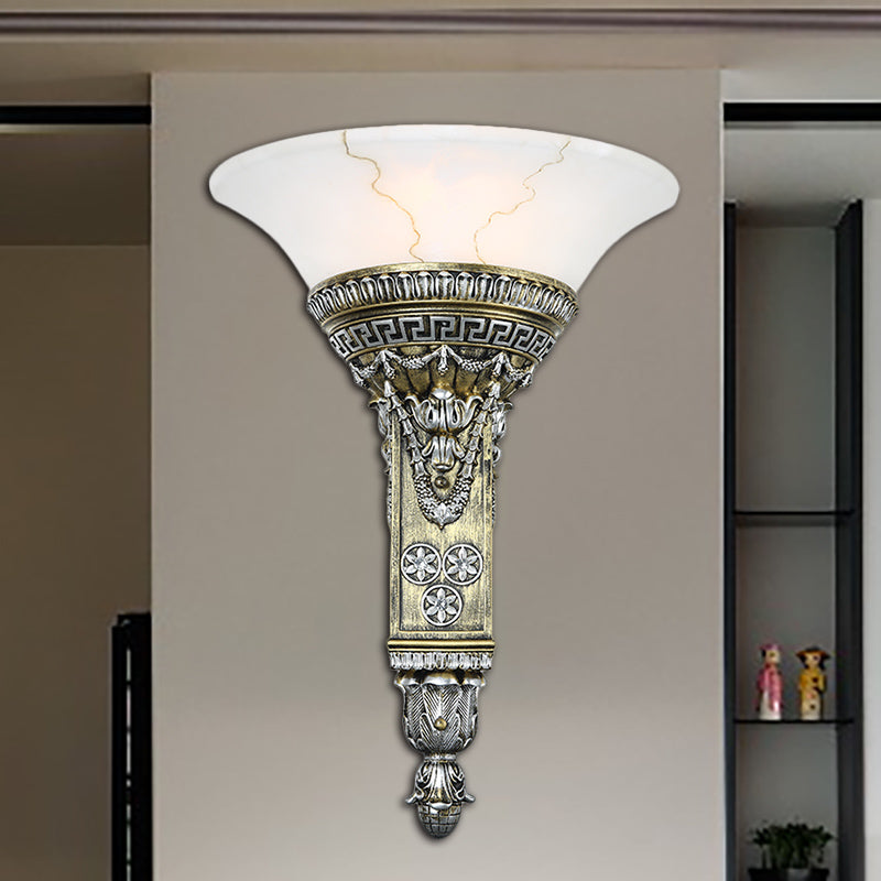 Modern Aged Silver Wall Sconce With Flared White Glass - Perfect For Living Room Lighting