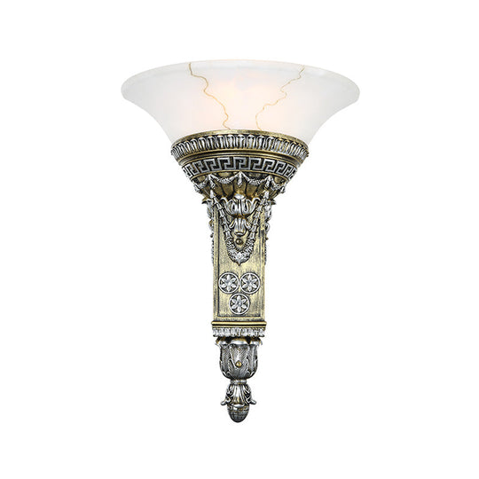 Modern Aged Silver Wall Sconce With Flared White Glass - Perfect For Living Room Lighting