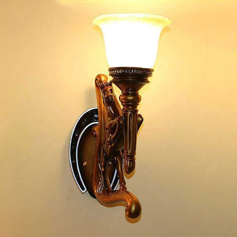 Modern Horse Resin Wall Sconce Light With Amber Glass Shade