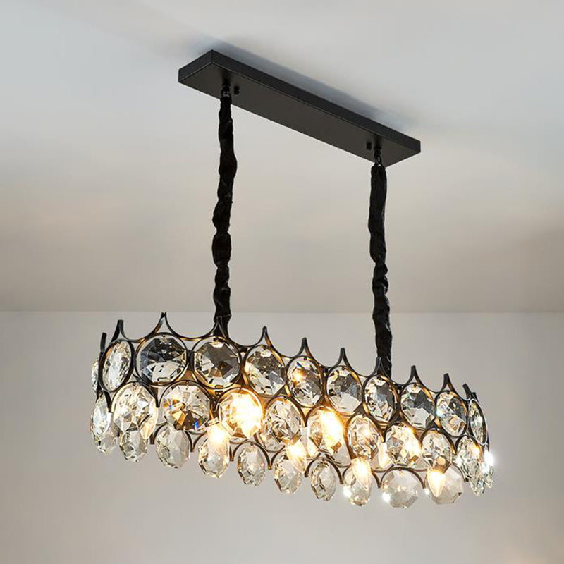 Modern Black/Gold Pendant Lighting Fixture With Crystal Prism Shade - 8-Bulb Dining Room Island