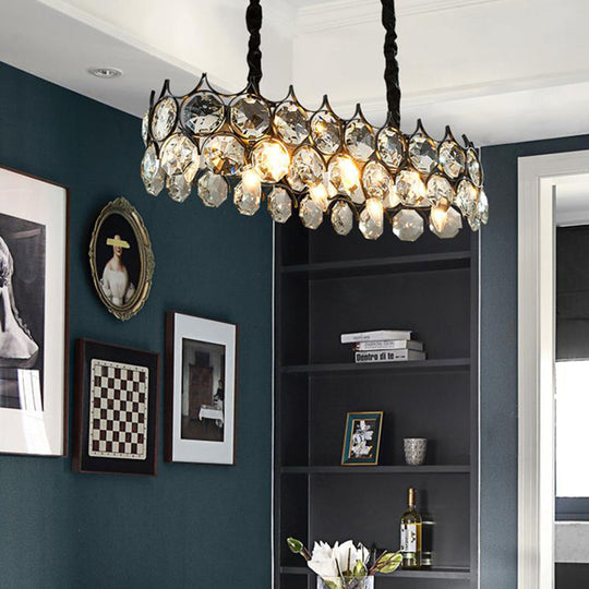 Modern Black/Gold Pendant Lighting Fixture With Crystal Prism Shade - 8-Bulb Dining Room Island