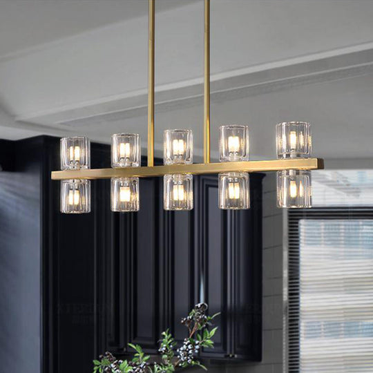 Modern Clear Glass Cylinder Island Light Fixture - 10 Head Gold Suspension Pendant For Restaurants