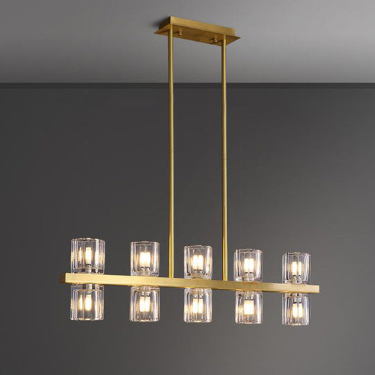 Modern Clear Glass Cylinder Island Light Fixture - 10 Head Gold Suspension Pendant For Restaurants