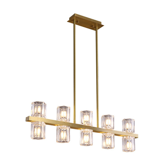 Modern Clear Glass Cylinder Island Light Fixture - 10 Head Gold Suspension Pendant For Restaurants