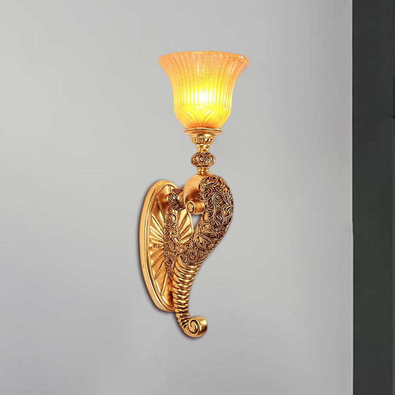 Retro Bell Wall Sconce With Amber Glass And Bronze/Gold Arm For Bedroom Lighting Gold