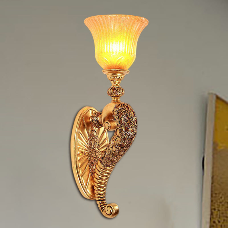 Retro Bell Wall Sconce With Amber Glass And Bronze/Gold Arm For Bedroom Lighting