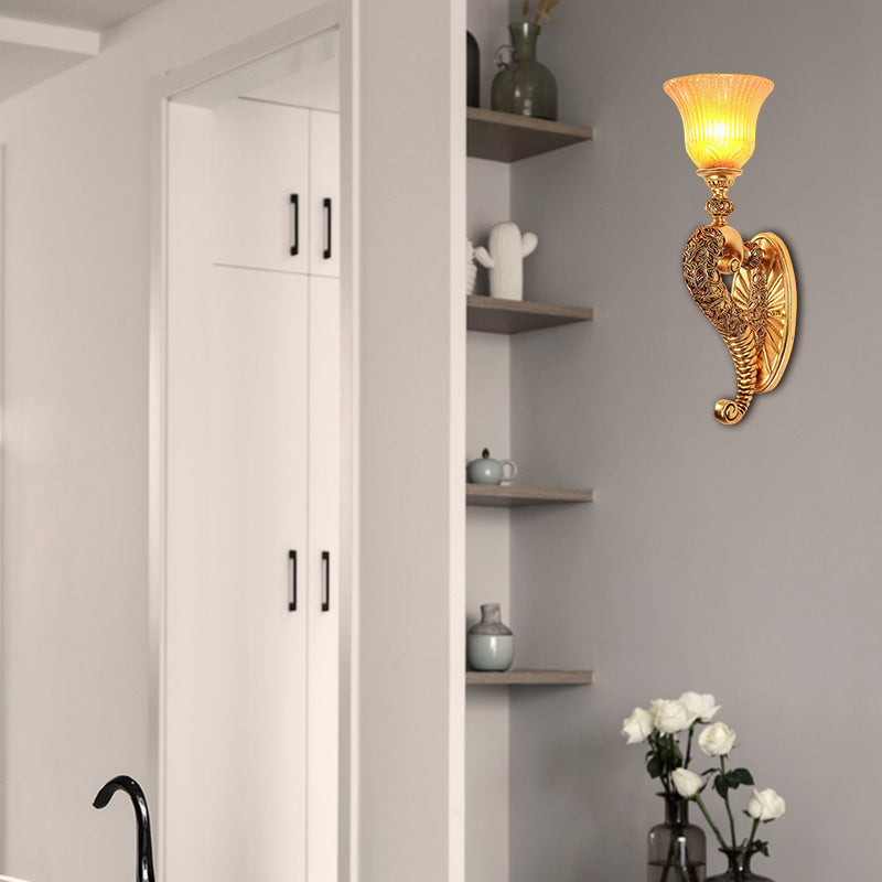 Retro Bell Wall Sconce With Amber Glass And Bronze/Gold Arm For Bedroom Lighting