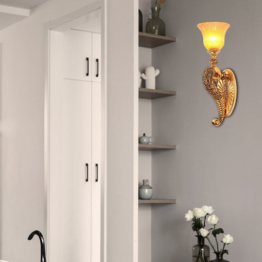 Retro Bell Wall Sconce With Amber Glass And Bronze/Gold Arm For Bedroom Lighting