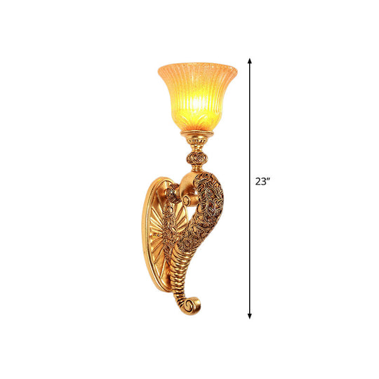 Retro Bell Wall Sconce With Amber Glass And Bronze/Gold Arm For Bedroom Lighting