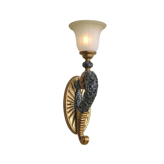 Retro Bell Wall Sconce With Amber Glass And Bronze/Gold Arm For Bedroom Lighting