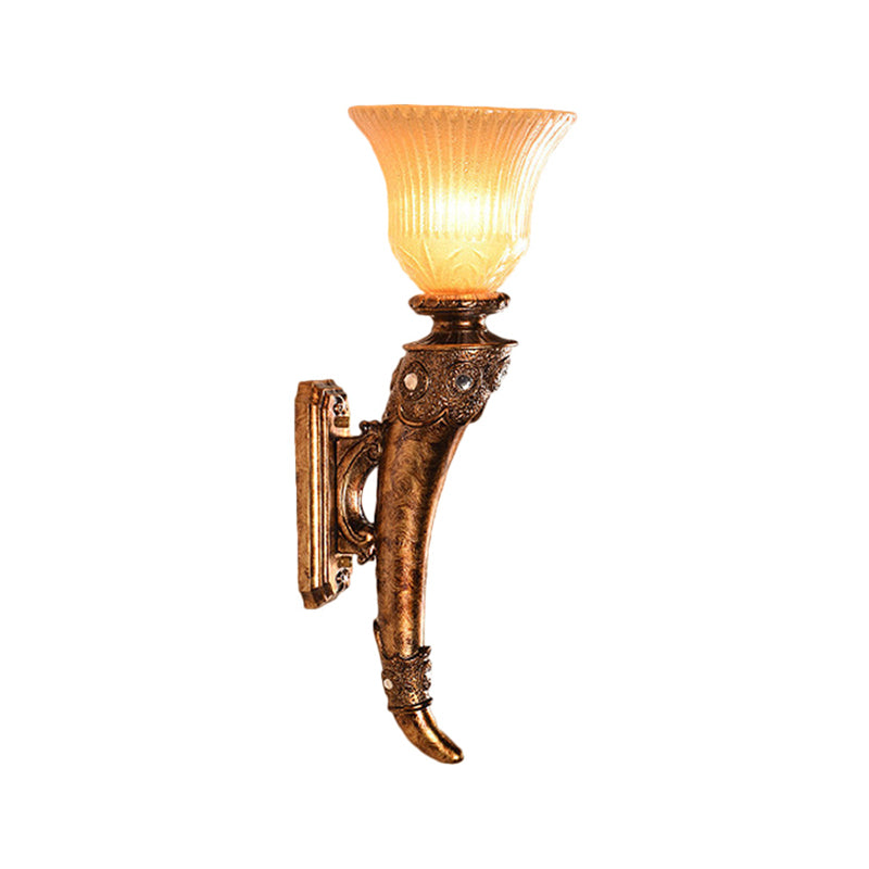 Vintage Style Wall Mounted Sconce Lamp With Amber Glass Bell Shade - Resin Gold Finish