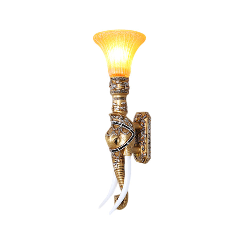 Stylish Elephant Corridor Wall Light: Retro Resin Gold Finish Bell Amber Glass Shade