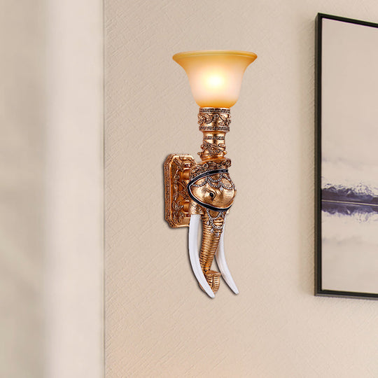 Colonial Style Golden Elephant Sconce Lamp With Amber Glass Shade - Corridor Wall Lighting Gold