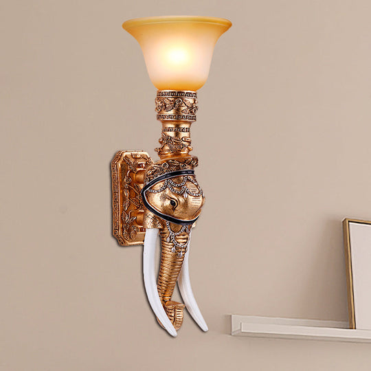 Colonial Style Golden Elephant Sconce Lamp With Amber Glass Shade - Corridor Wall Lighting