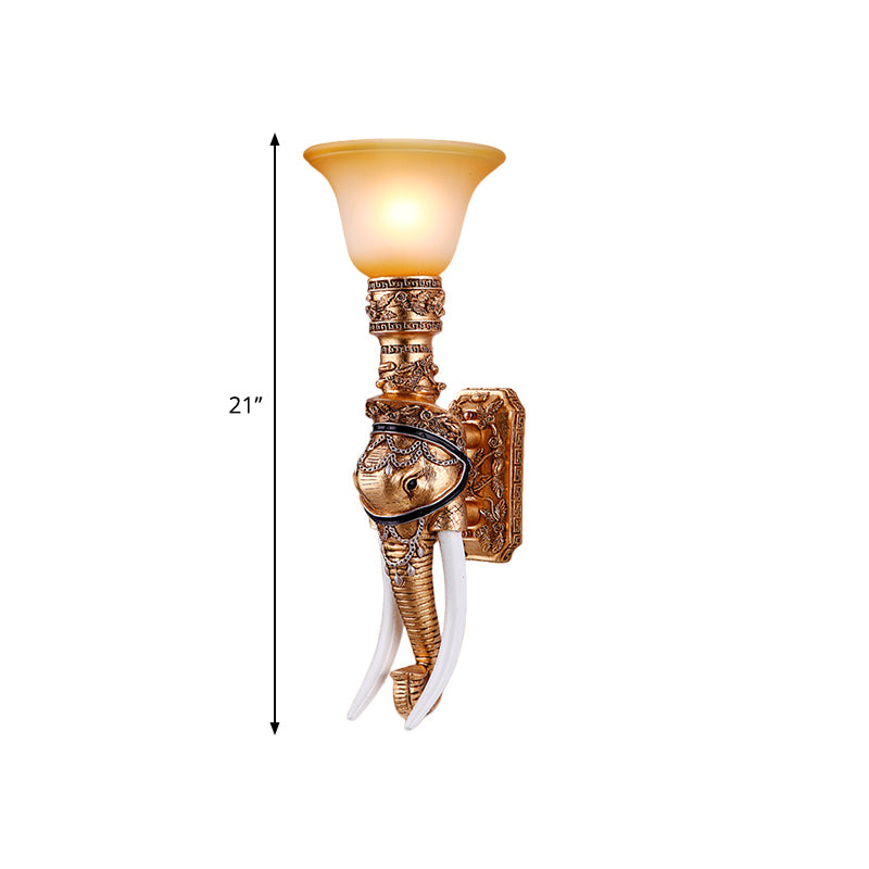 Colonial Style Golden Elephant Sconce Lamp With Amber Glass Shade - Corridor Wall Lighting