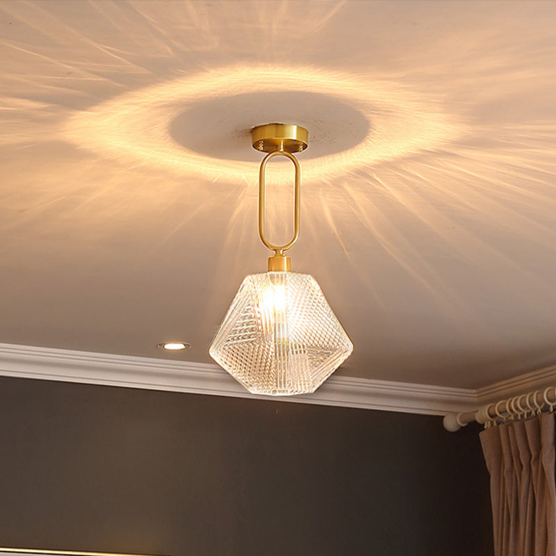 Minimalist Hexagonal Ceiling Lamp With Clear Prismatic Glass Semi Flush Mount