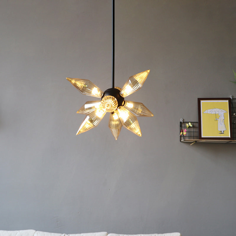 Industrial Pendant Chandelier With Amber/Clear Ribbed Glass And Starburst Design - 9/12/15 Heads For