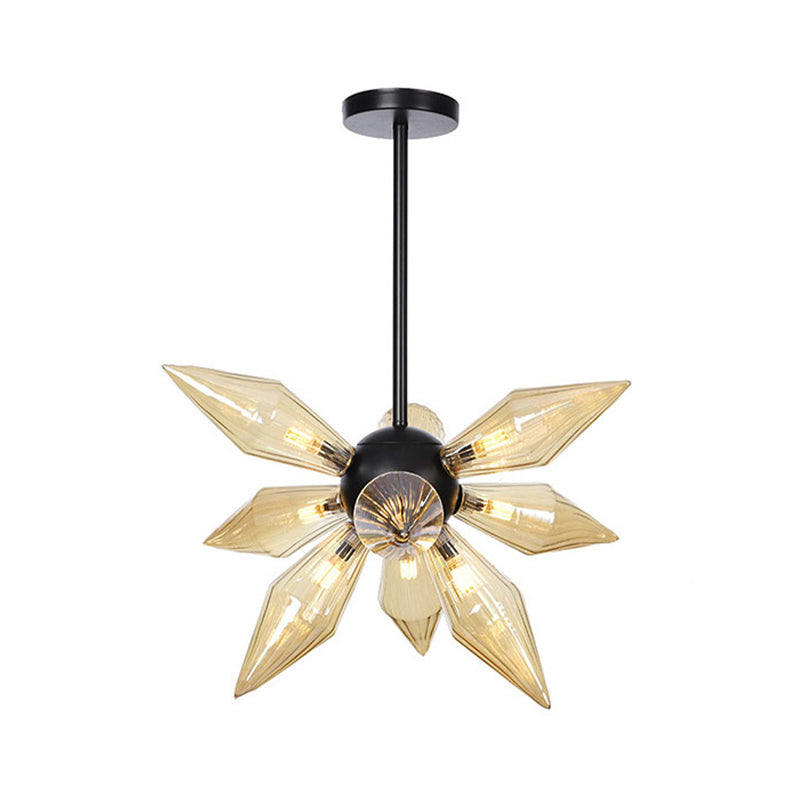 Industrial Pendant Chandelier With Amber/Clear Ribbed Glass And Starburst Design - 9/12/15 Heads For