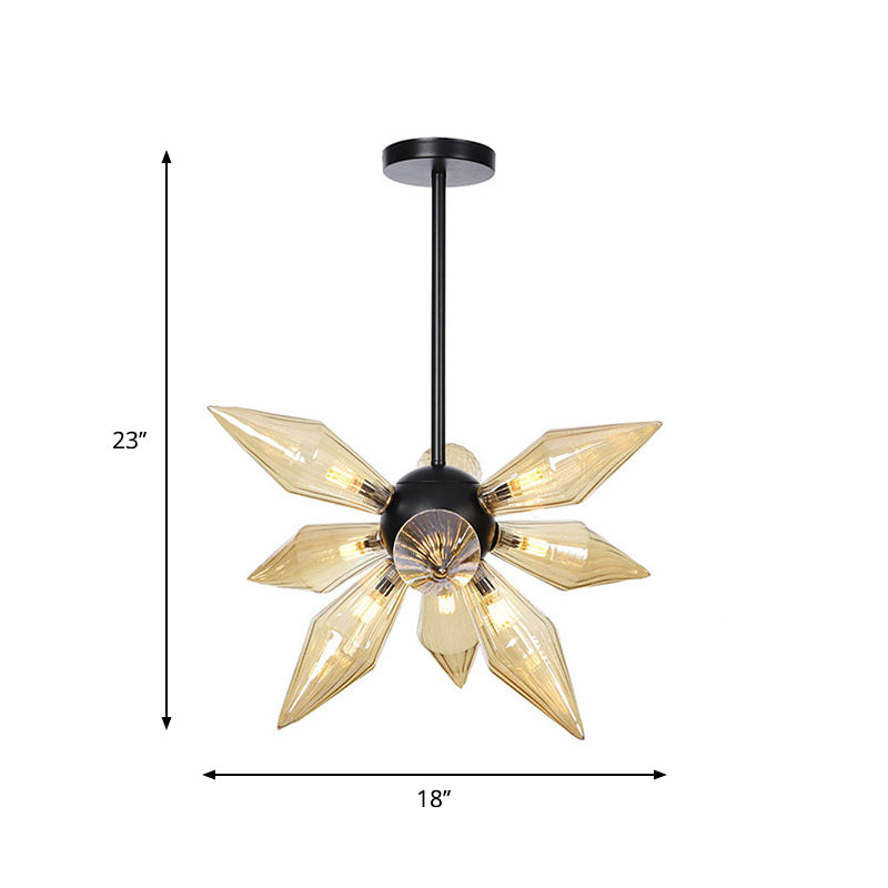 Industrial Amber/Clear Ribbed Glass Pendant Lighting with Starburst Design - 9/12/15 Heads Bedroom Chandelier Lamp