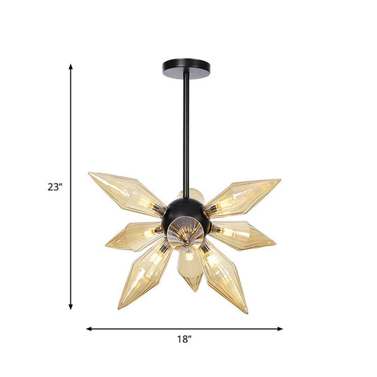 Industrial Pendant Chandelier With Amber/Clear Ribbed Glass And Starburst Design - 9/12/15 Heads For