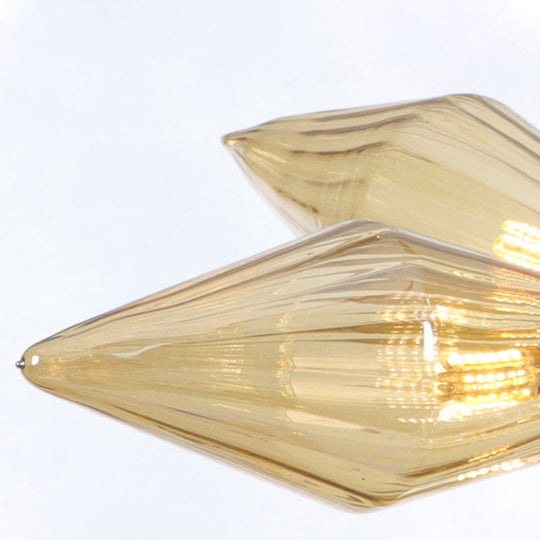 Industrial Pendant Chandelier With Amber/Clear Ribbed Glass And Starburst Design - 9/12/15 Heads For