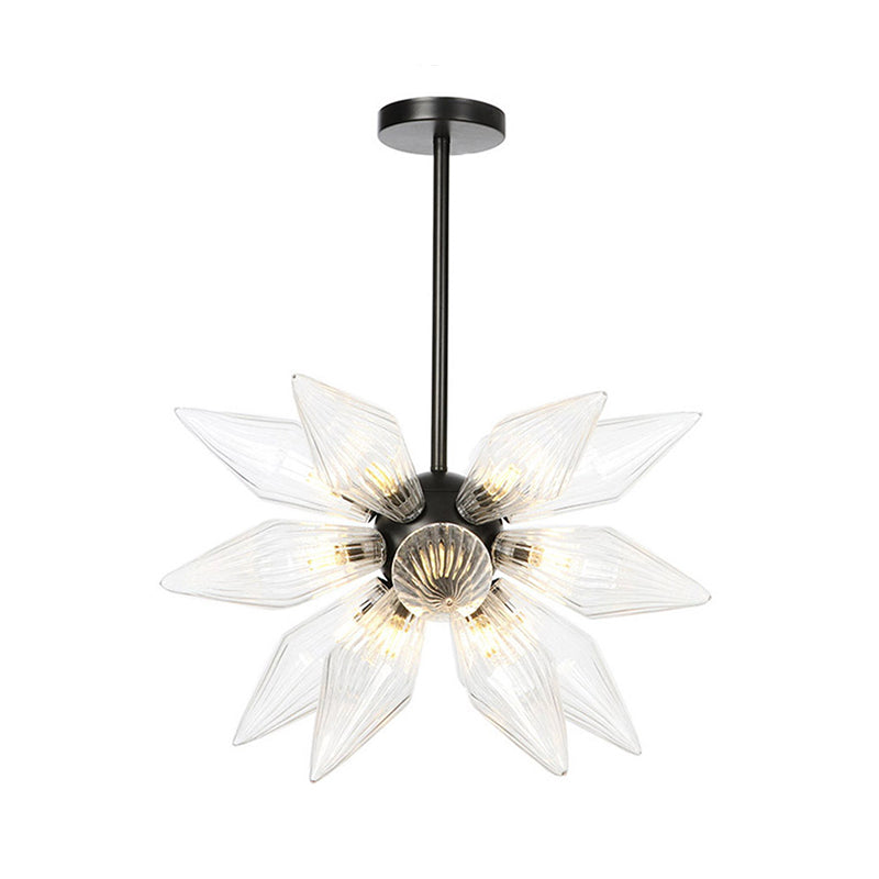 Industrial Pendant Chandelier With Amber/Clear Ribbed Glass And Starburst Design - 9/12/15 Heads For