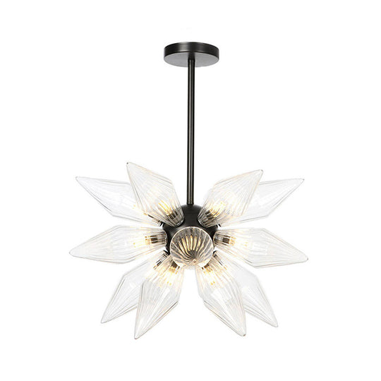 Industrial Pendant Chandelier With Amber/Clear Ribbed Glass And Starburst Design - 9/12/15 Heads For