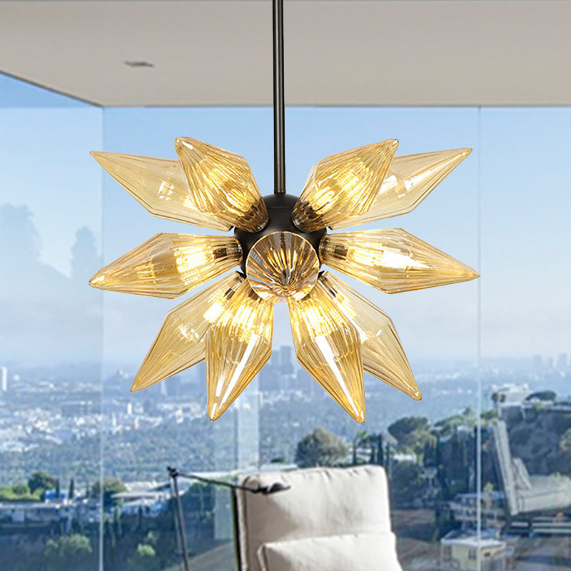 Industrial Pendant Chandelier With Amber/Clear Ribbed Glass And Starburst Design - 9/12/15 Heads For