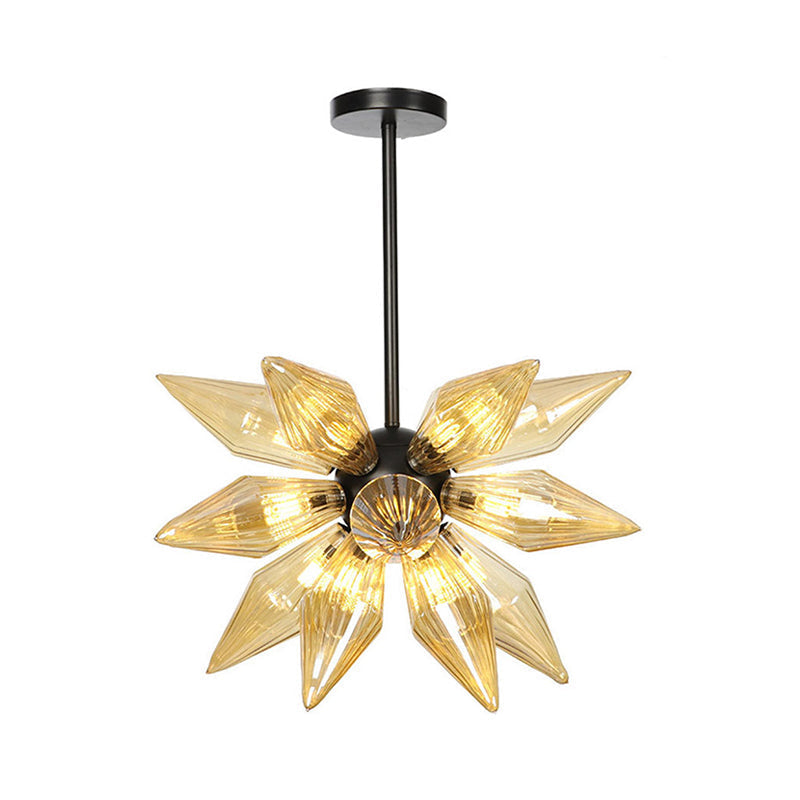 Industrial Pendant Chandelier With Amber/Clear Ribbed Glass And Starburst Design - 9/12/15 Heads For