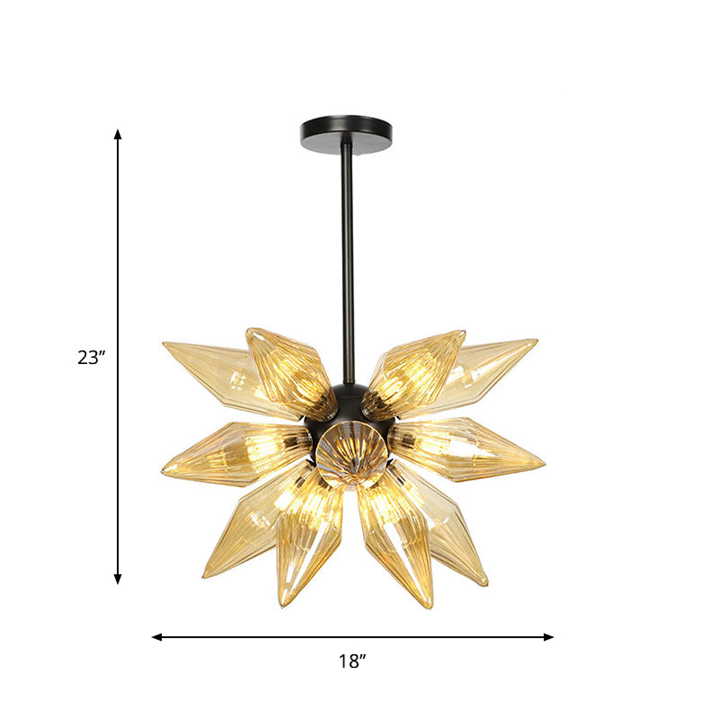 Industrial Pendant Chandelier With Amber/Clear Ribbed Glass And Starburst Design - 9/12/15 Heads For