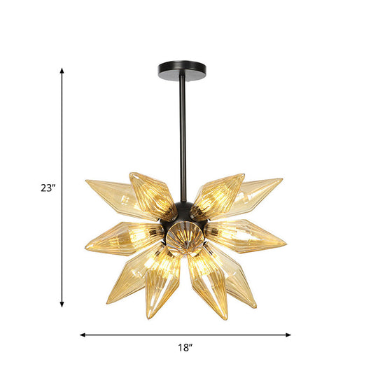 Industrial Pendant Chandelier With Amber/Clear Ribbed Glass And Starburst Design - 9/12/15 Heads For