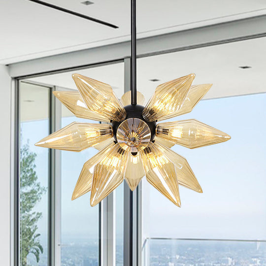 Industrial Pendant Chandelier With Amber/Clear Ribbed Glass And Starburst Design - 9/12/15 Heads For