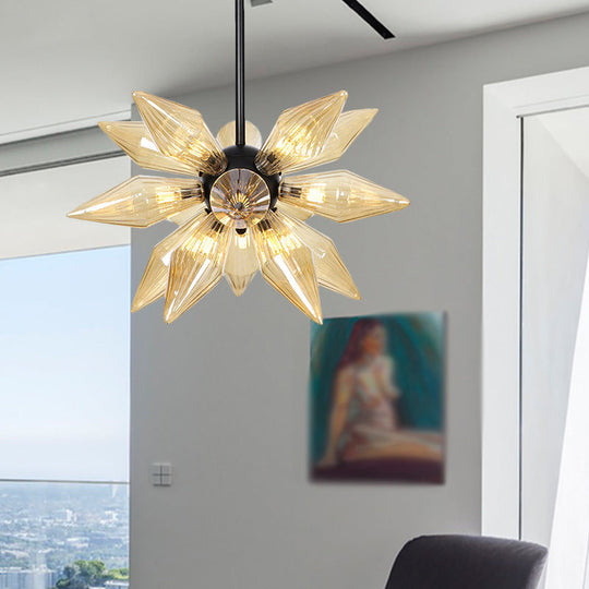 Industrial Pendant Chandelier With Amber/Clear Ribbed Glass And Starburst Design - 9/12/15 Heads For