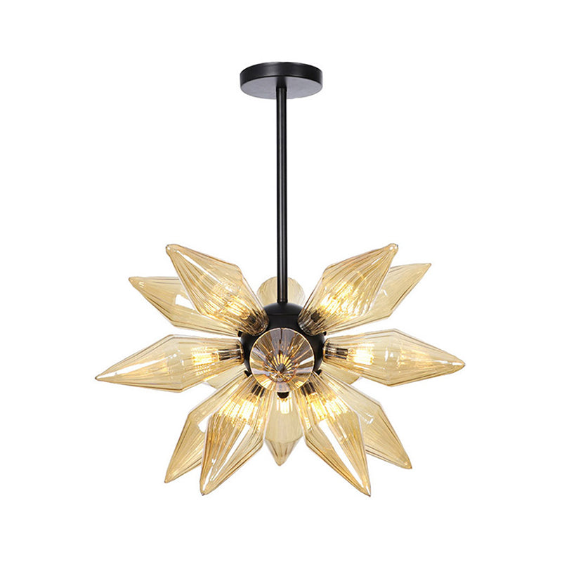 Industrial Pendant Chandelier With Amber/Clear Ribbed Glass And Starburst Design - 9/12/15 Heads For