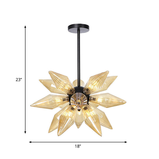 Industrial Pendant Chandelier With Amber/Clear Ribbed Glass And Starburst Design - 9/12/15 Heads For