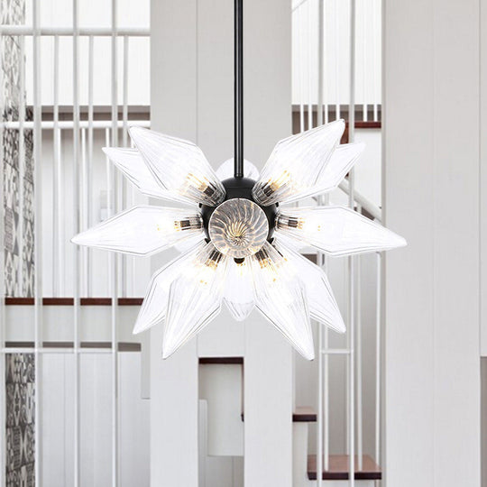 Industrial Pendant Chandelier With Amber/Clear Ribbed Glass And Starburst Design - 9/12/15 Heads For