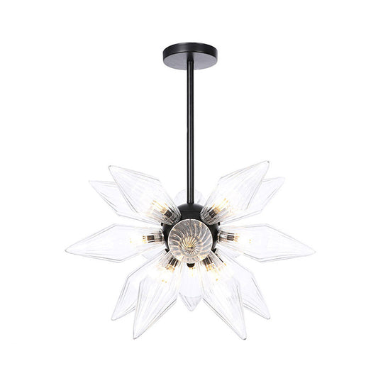 Industrial Pendant Chandelier With Amber/Clear Ribbed Glass And Starburst Design - 9/12/15 Heads For