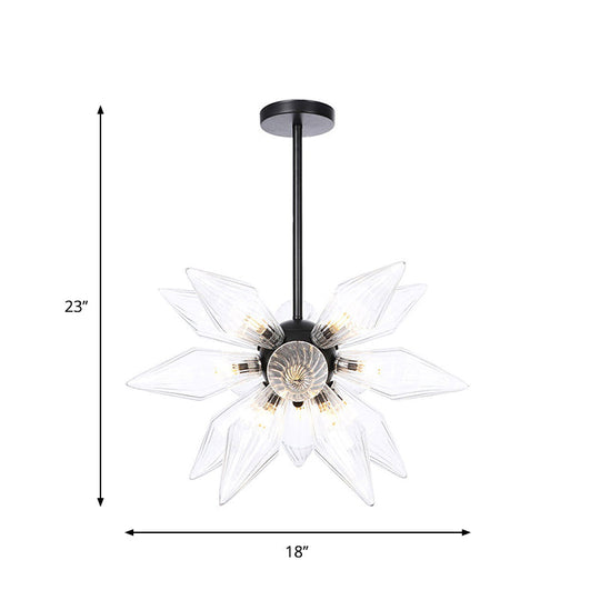 Industrial Pendant Chandelier With Amber/Clear Ribbed Glass And Starburst Design - 9/12/15 Heads For