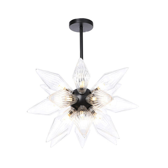 Industrial Amber/Clear Ribbed Glass Pendant Lighting with Starburst Design - 9/12/15 Heads Bedroom Chandelier Lamp