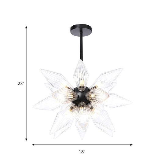 Industrial Pendant Chandelier With Amber/Clear Ribbed Glass And Starburst Design - 9/12/15 Heads For