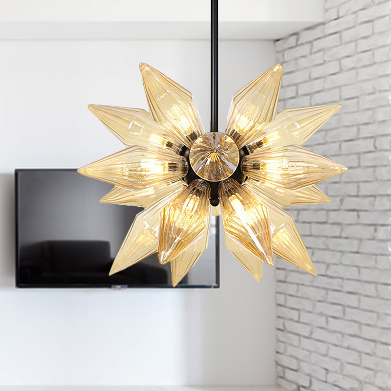 Industrial Pendant Chandelier With Amber/Clear Ribbed Glass And Starburst Design - 9/12/15 Heads For