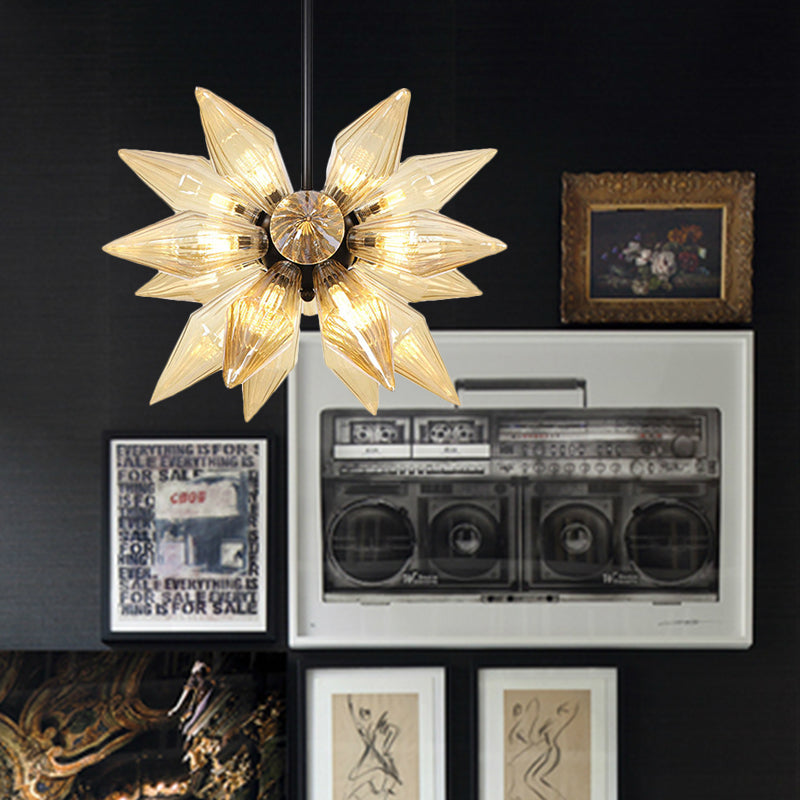 Industrial Pendant Chandelier With Amber/Clear Ribbed Glass And Starburst Design - 9/12/15 Heads For